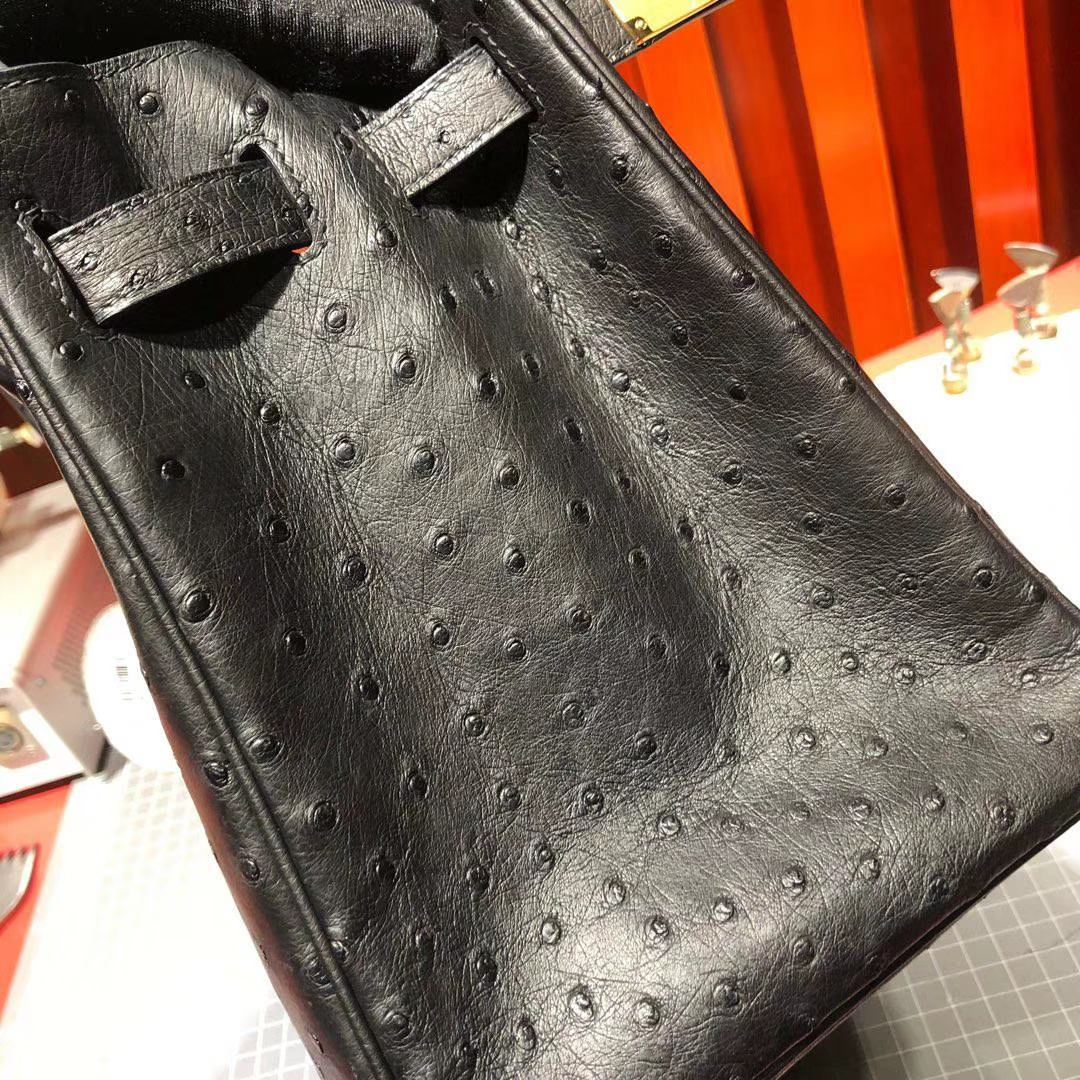 Hermes包包定做 爱马仕铂金包 89黑色顶级KK鸵鸟皮Birkin女包25CM 金扣