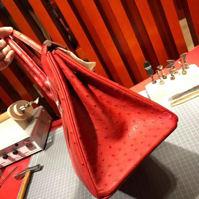 爱马仕Birkin女包 Hermes顶级KK鸵鸟皮铂金包Birkin30CM Q5中国红 金扣