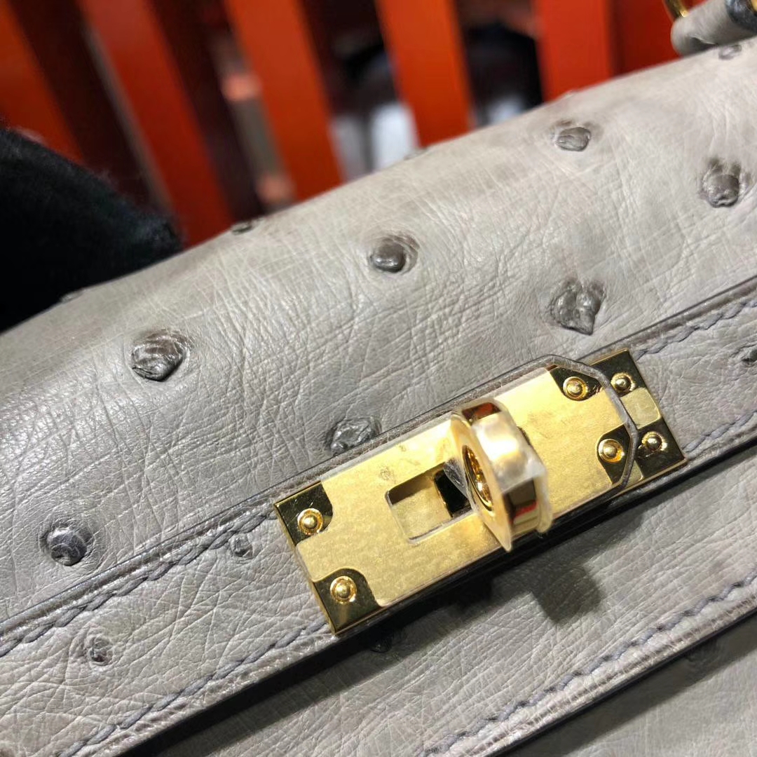 Hermes Kelly25CM 爱马仕慕斯灰顶级南非鸵鸟皮凯莉包 金扣