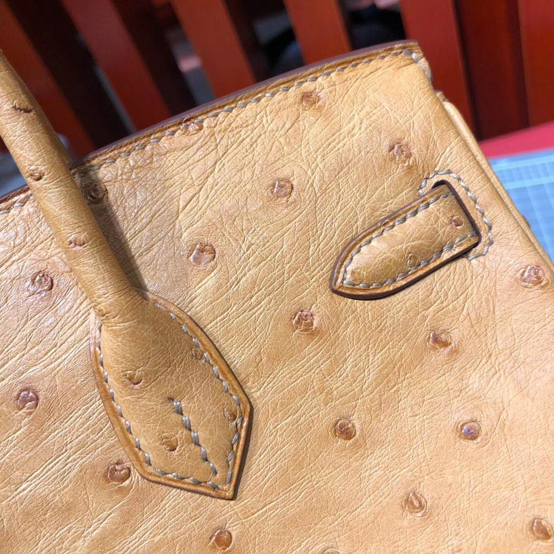 爱马仕铂金包价格 Hermes Birkin25CM 琥珀黄南非鸵鸟皮 金扣