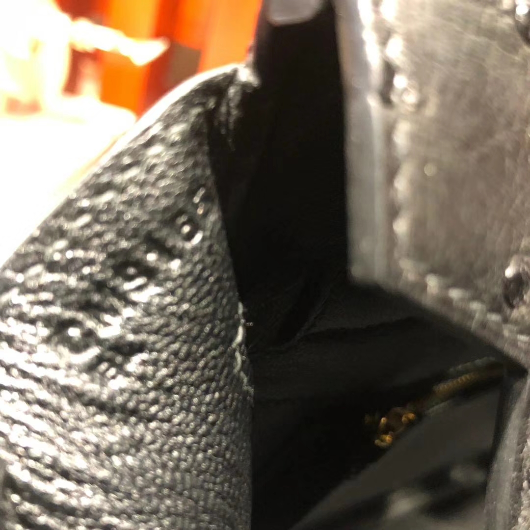 Hermes包包定做 爱马仕铂金包 89黑色顶级KK鸵鸟皮Birkin女包25CM 金扣