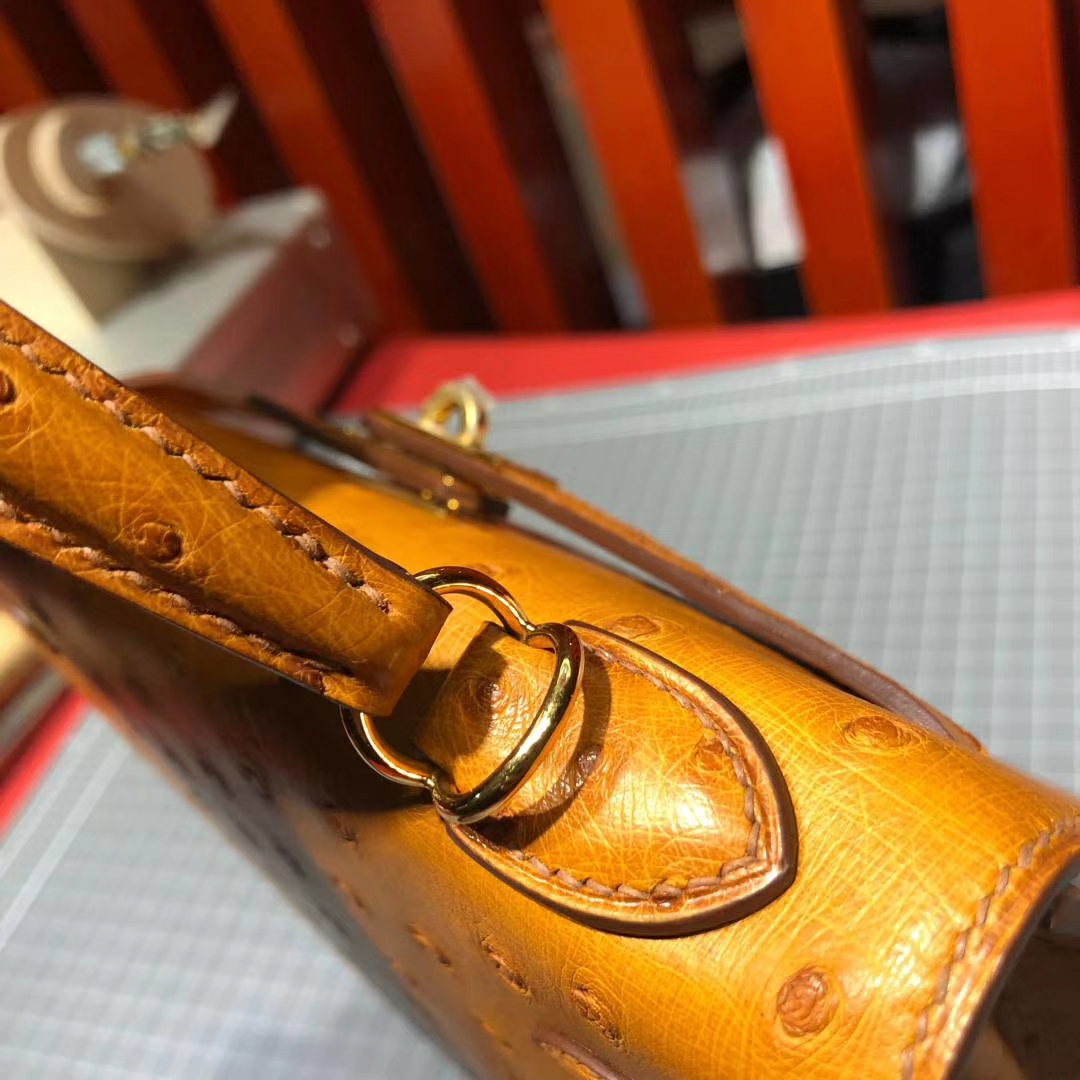 广州包包批发 Hermes爱马仕顶级南非鸵鸟皮凯莉包Kelly25CM 琥珀黄 金扣