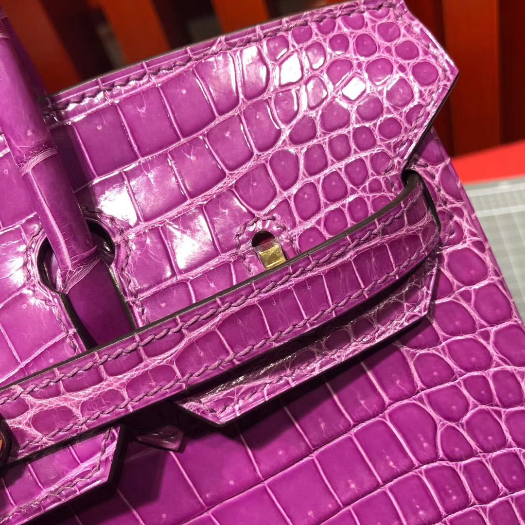 Hermes包包官网 爱马仕水晶紫Hcp亮面尼罗鳄鱼皮铂金包Birkin25CM 金扣