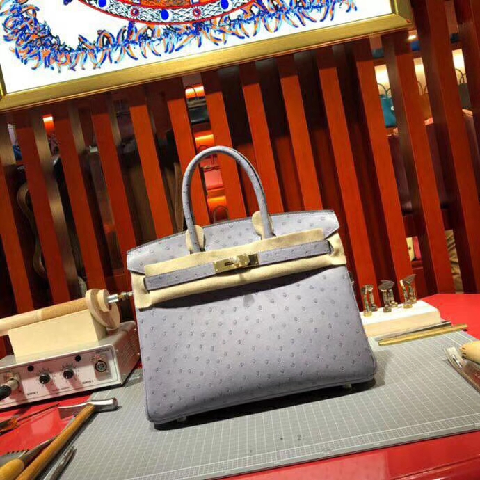 爱马仕女包价格 Hermes南非顶级鸵鸟皮铂金包Birkin30CM 9P薰衣草紫 金扣