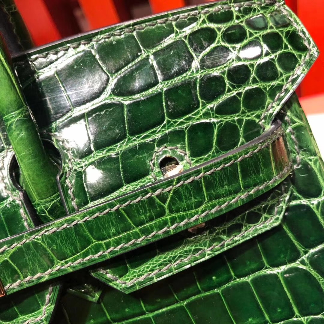 Hermes女包批发 爱马仕祖母绿法国尼罗鳄鱼皮Birkin25CM铂金包 金扣