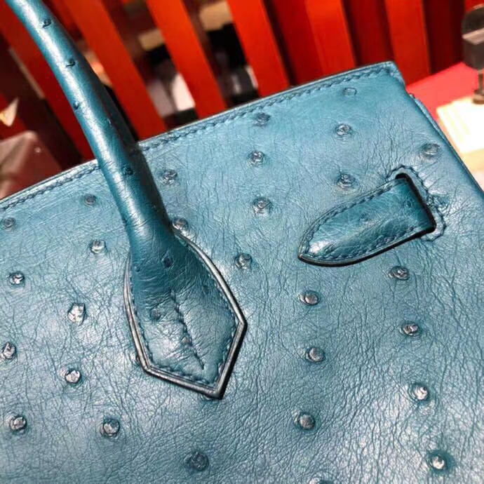 爱马仕Birkin女包 Hermes南非KK鸵鸟皮铂金包Birkin30CM S7加利西亚蓝 金扣