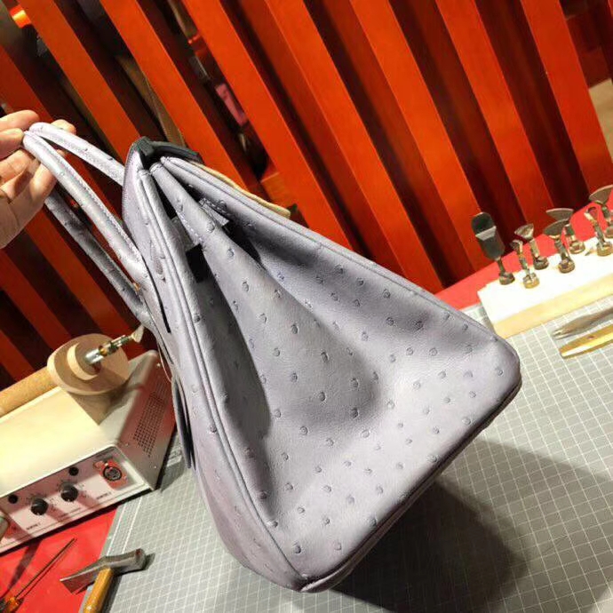 爱马仕女包价格 Hermes南非顶级鸵鸟皮铂金包Birkin30CM 9P薰衣草紫 金扣