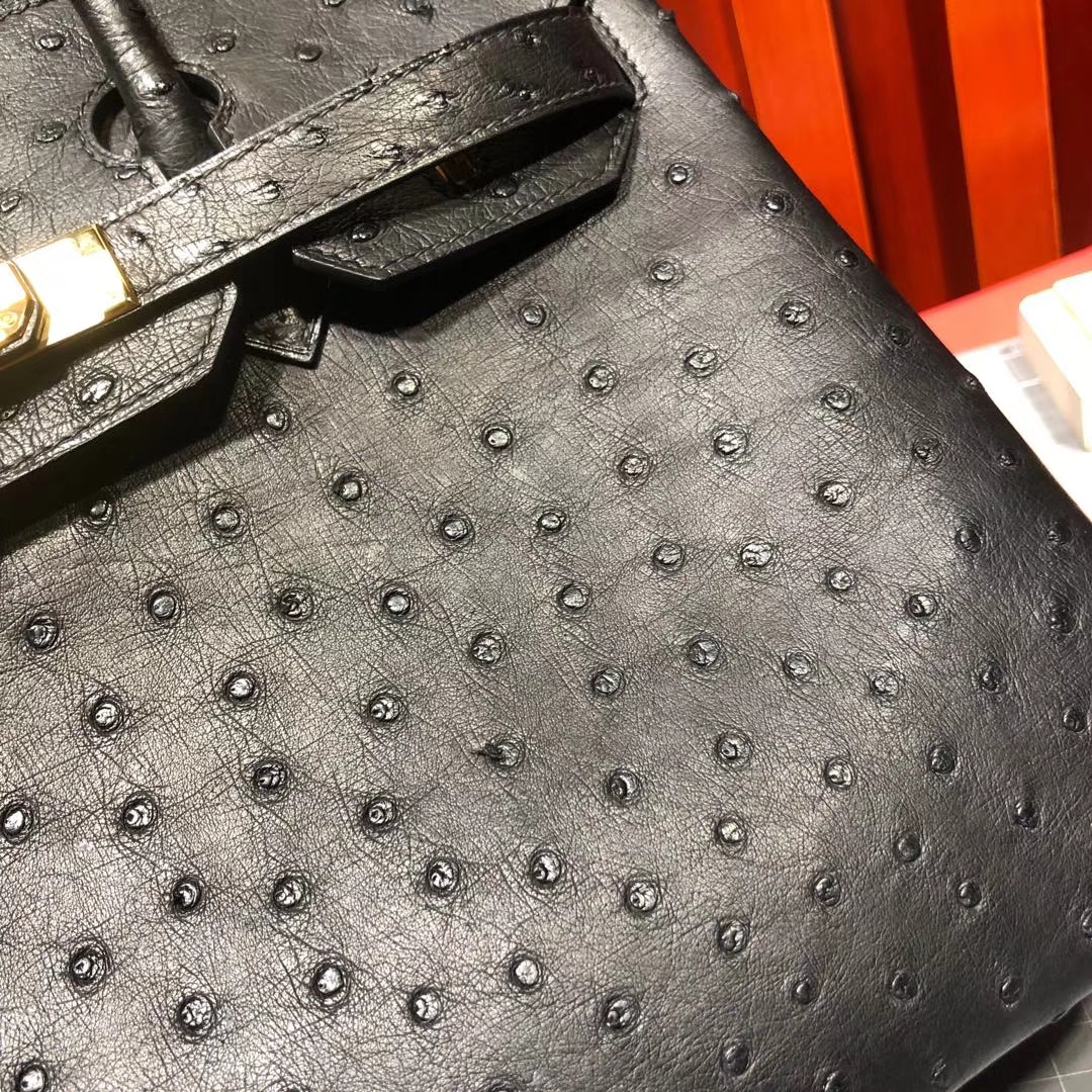 Hermes包包定做 爱马仕铂金包 89黑色顶级KK鸵鸟皮Birkin女包25CM 金扣