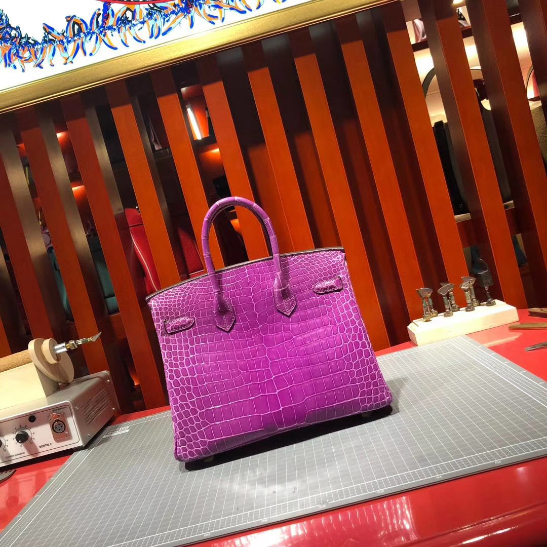Hermes包包官网 爱马仕水晶紫Hcp亮面尼罗鳄鱼皮铂金包Birkin25CM 金扣