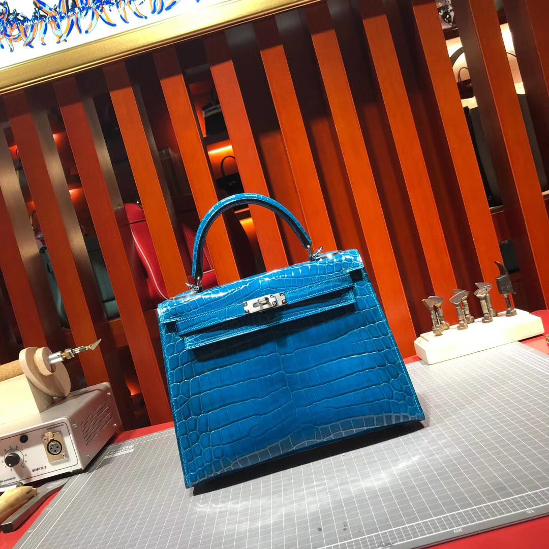 Hermes Kelly25CM 爱马仕水妖蓝法国顶级尼罗鳄鱼皮凯莉包 银扣