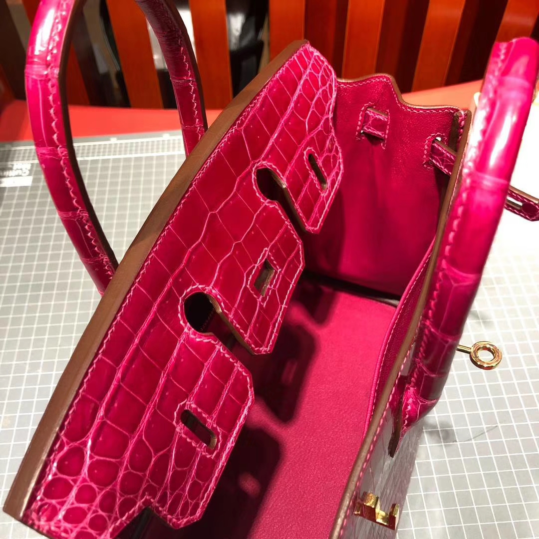爱马仕鳄鱼皮女包 Hermes Birkin25CM 桃红紫亮面鳄鱼皮铂金包 金扣
