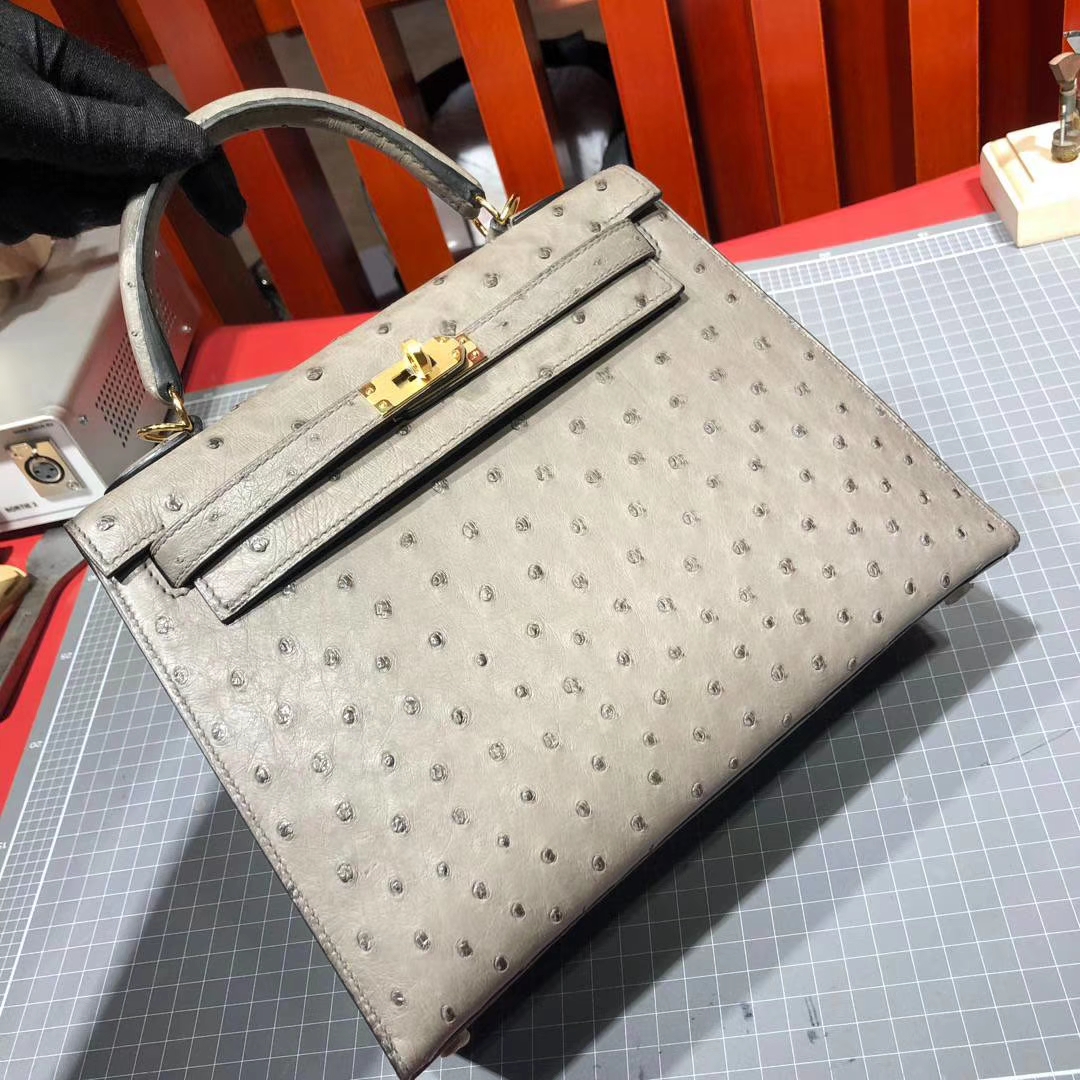 Hermes Kelly25CM 爱马仕慕斯灰顶级南非鸵鸟皮凯莉包 金扣