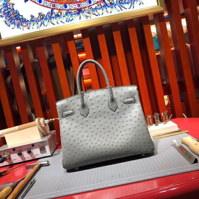 Hermes Birkin30CM 爱马仕慕斯灰顶级KK鸵鸟皮铂金包 金扣