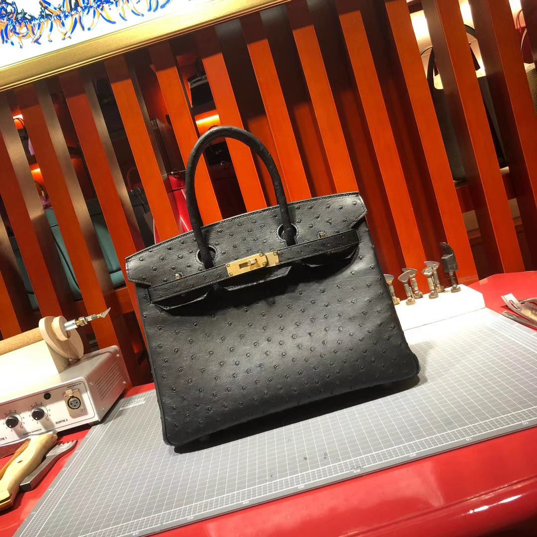 Hermes包包定做 爱马仕铂金包 89黑色顶级KK鸵鸟皮Birkin女包25CM 金扣