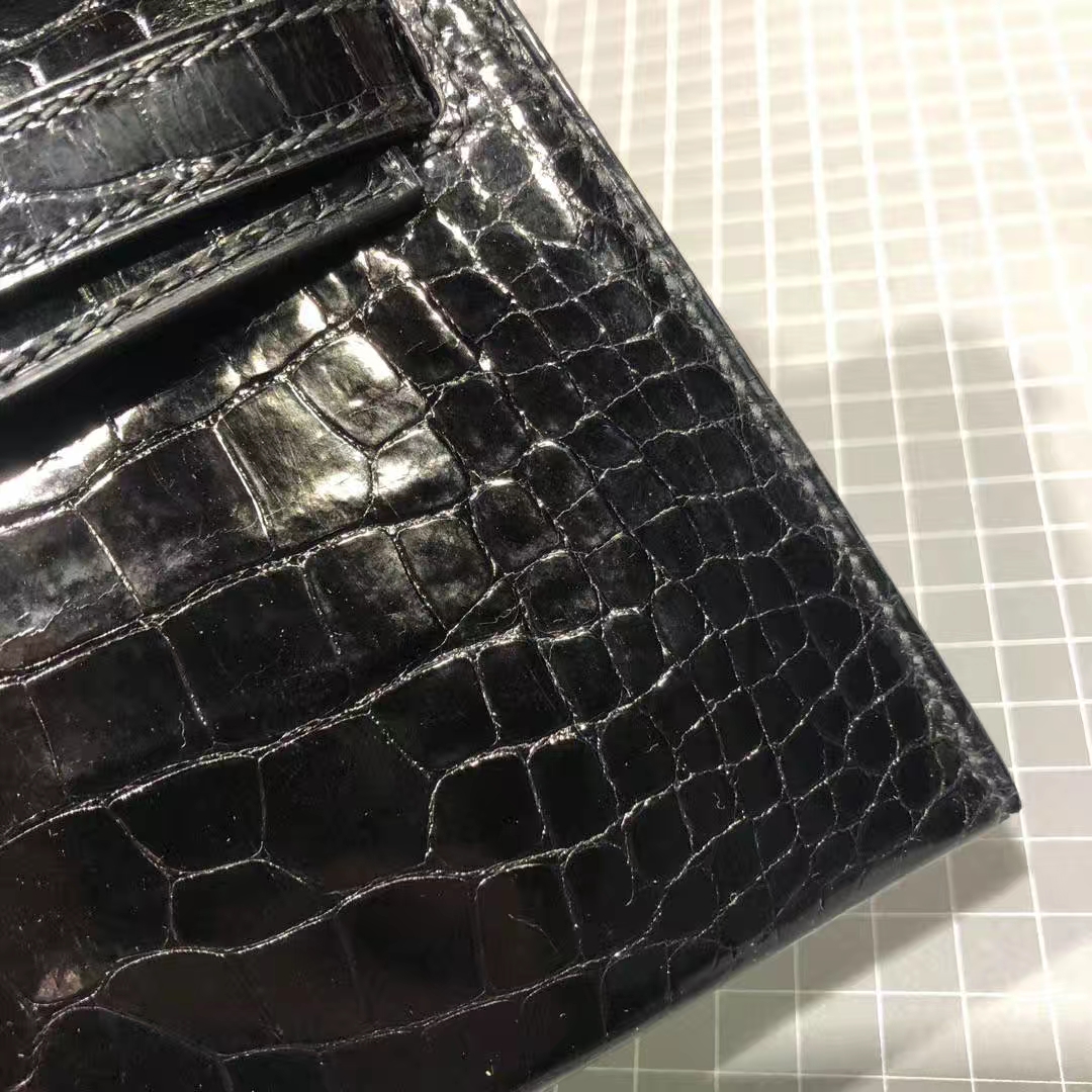 Hermes Minikelly2代 爱马仕黑色亮面美洲鳄鱼皮迷你凯莉包2代手包 银扣
