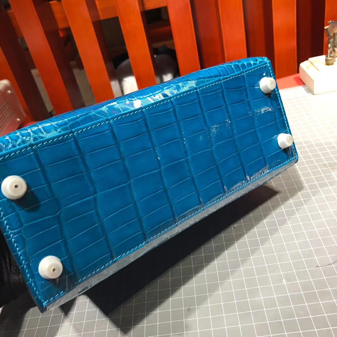 Hermes Kelly25CM 爱马仕水妖蓝法国顶级尼罗鳄鱼皮凯莉包 银扣