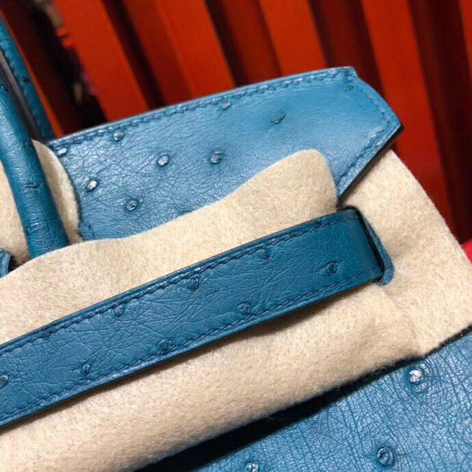 爱马仕Birkin女包 Hermes南非KK鸵鸟皮铂金包Birkin30CM S7加利西亚蓝 金扣