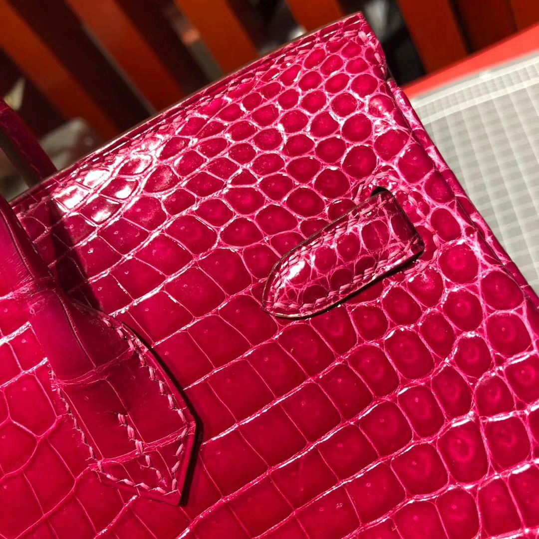 爱马仕鳄鱼皮女包 Hermes Birkin25CM 桃红紫亮面鳄鱼皮铂金包 金扣