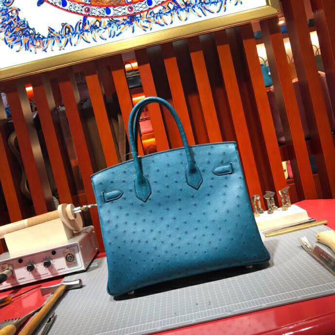爱马仕Birkin女包 Hermes南非KK鸵鸟皮铂金包Birkin30CM S7加利西亚蓝 金扣