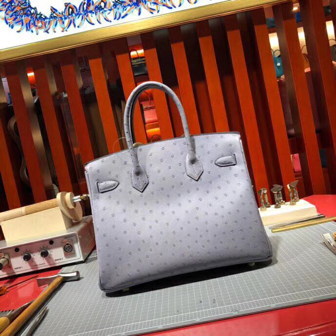 爱马仕女包价格 Hermes南非顶级鸵鸟皮铂金包Birkin30CM 9P薰衣草紫 金扣