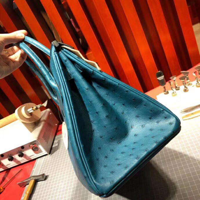 爱马仕Birkin女包 Hermes南非KK鸵鸟皮铂金包Birkin30CM S7加利西亚蓝 金扣
