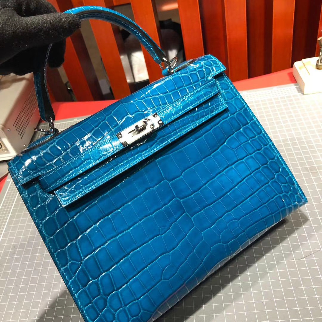 Hermes Kelly25CM 爱马仕水妖蓝法国顶级尼罗鳄鱼皮凯莉包 银扣