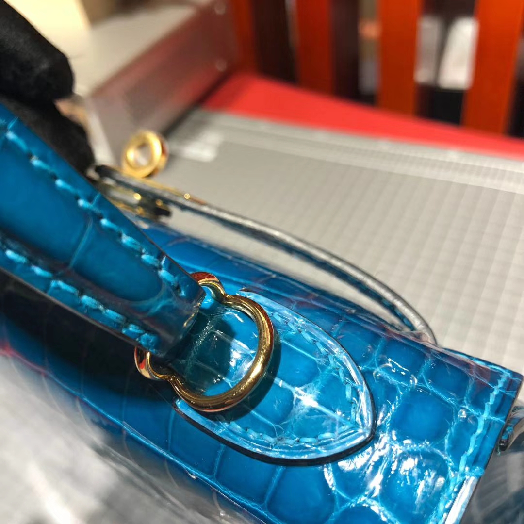 爱马仕凯莉包价格 Hermes水妖蓝法国Hcp尼罗鳄鱼皮Kelly包包25CM 金扣