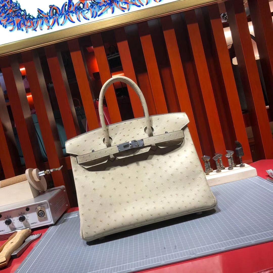 Hermes Birkin30CM 爱马仕3C羊毛白南非KK鸵鸟皮铂金包 银扣