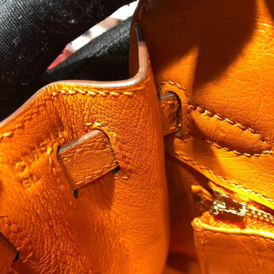 爱马仕凯莉包价格 Hermes Kelly25CM 亮黄色进口南非鸵鸟皮手提女包 金扣