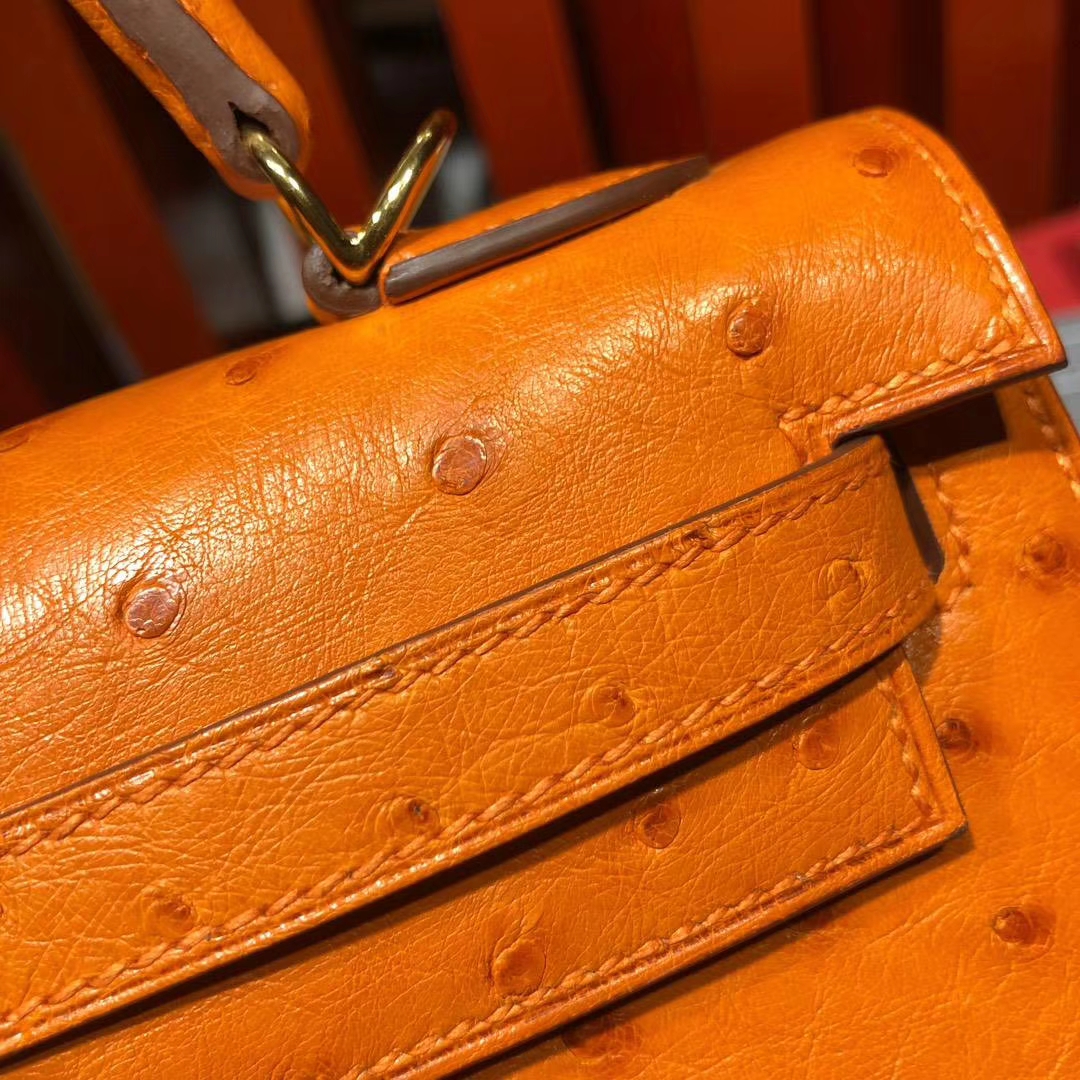 爱马仕凯莉包价格 Hermes Kelly25CM 亮黄色进口南非鸵鸟皮手提女包 金扣