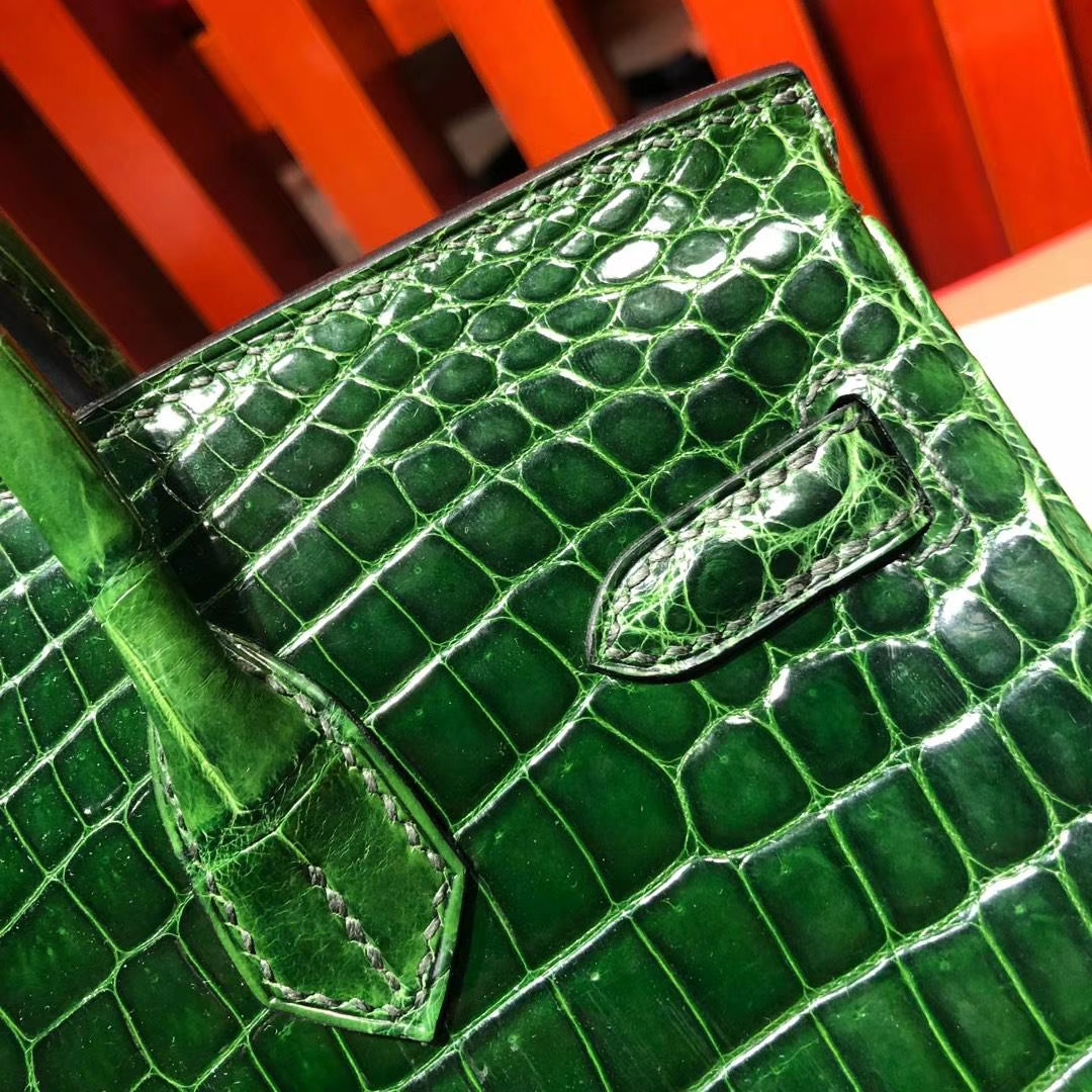 Hermes女包批发 爱马仕祖母绿法国尼罗鳄鱼皮Birkin25CM铂金包 金扣