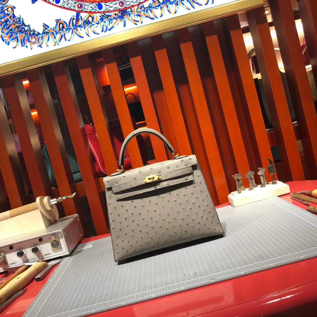 Hermes Kelly25CM 爱马仕慕斯灰顶级南非鸵鸟皮凯莉包 金扣