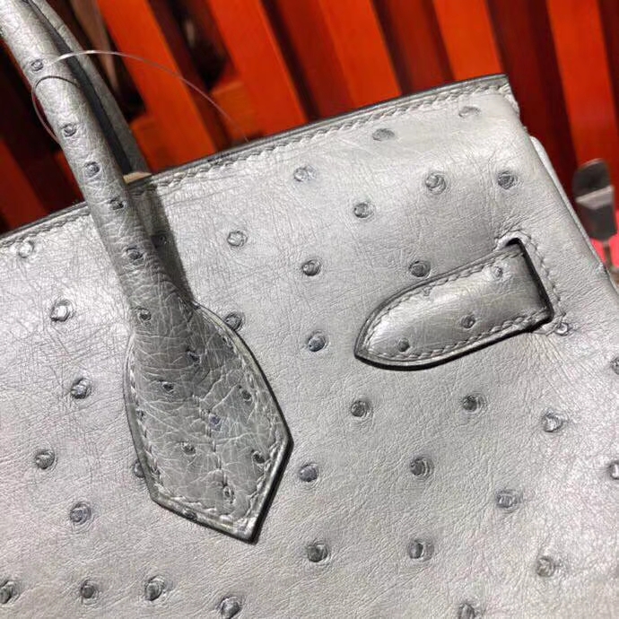 爱马仕新款铂金包 Hermes Birkin30CM 8F锡器灰南非顶级鸵鸟皮 金扣