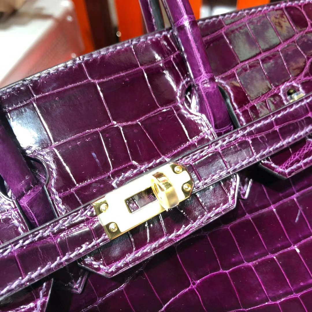 爱马仕铂金包尺寸 Hermes Birkin25CM 葡萄紫法国亮面鳄鱼皮 金扣
