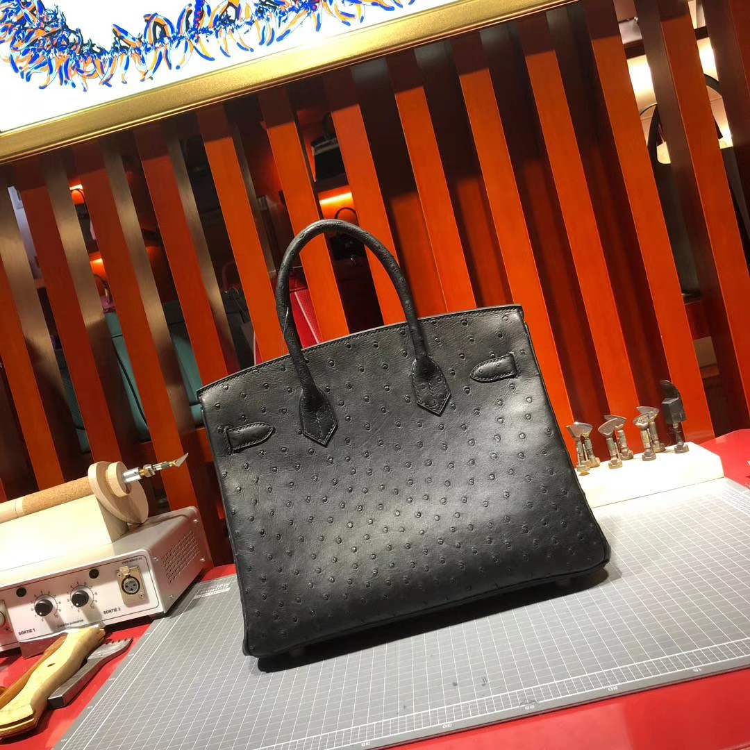 Hermes包包定做 爱马仕铂金包 89黑色顶级KK鸵鸟皮Birkin女包25CM 金扣