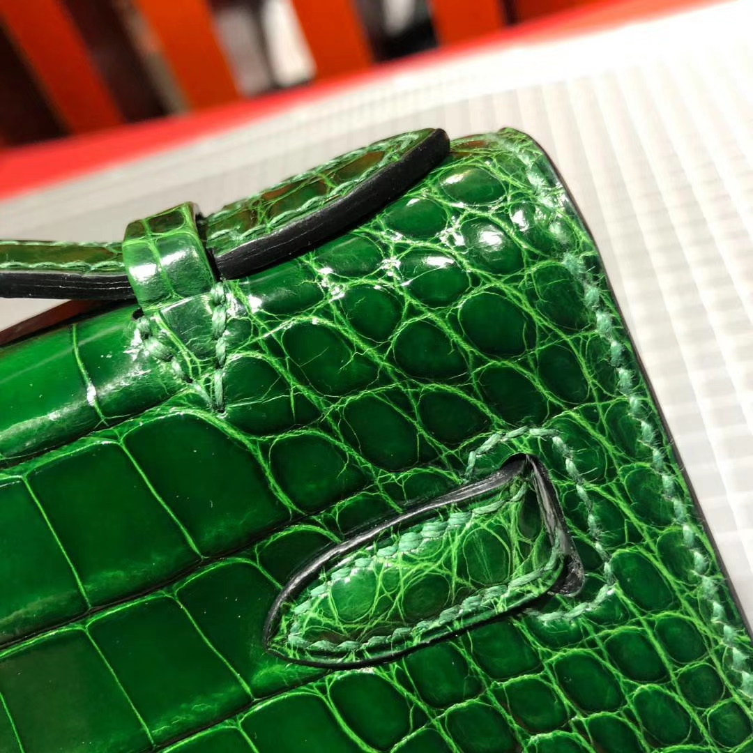 爱马仕迷你凯莉包 Hermes Minikelly22CM 祖母绿美洲鳄鱼皮手拿包 金扣