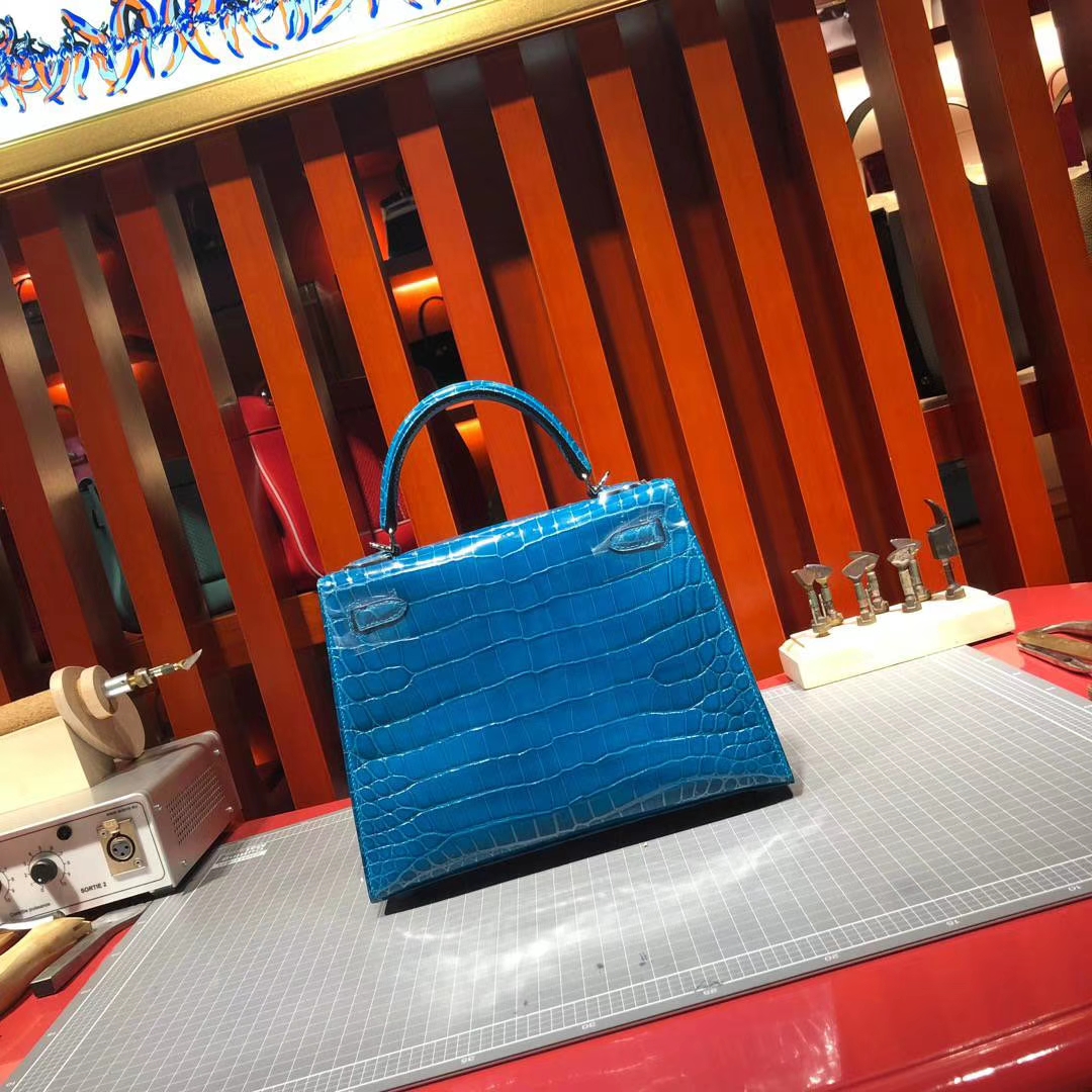 Hermes Kelly25CM 爱马仕水妖蓝法国顶级尼罗鳄鱼皮凯莉包 银扣