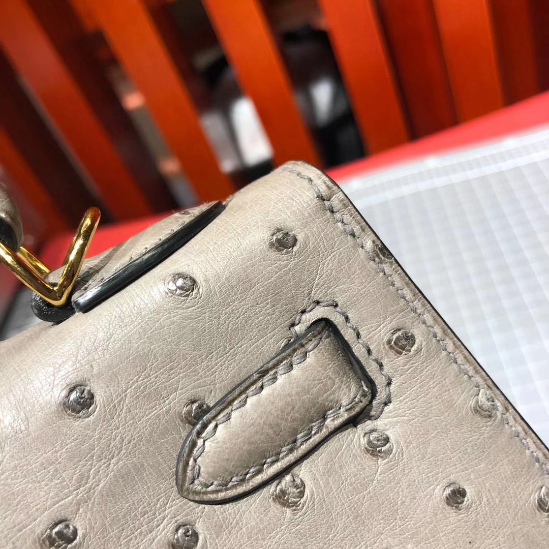 Hermes Kelly25CM 爱马仕慕斯灰顶级南非鸵鸟皮凯莉包 金扣
