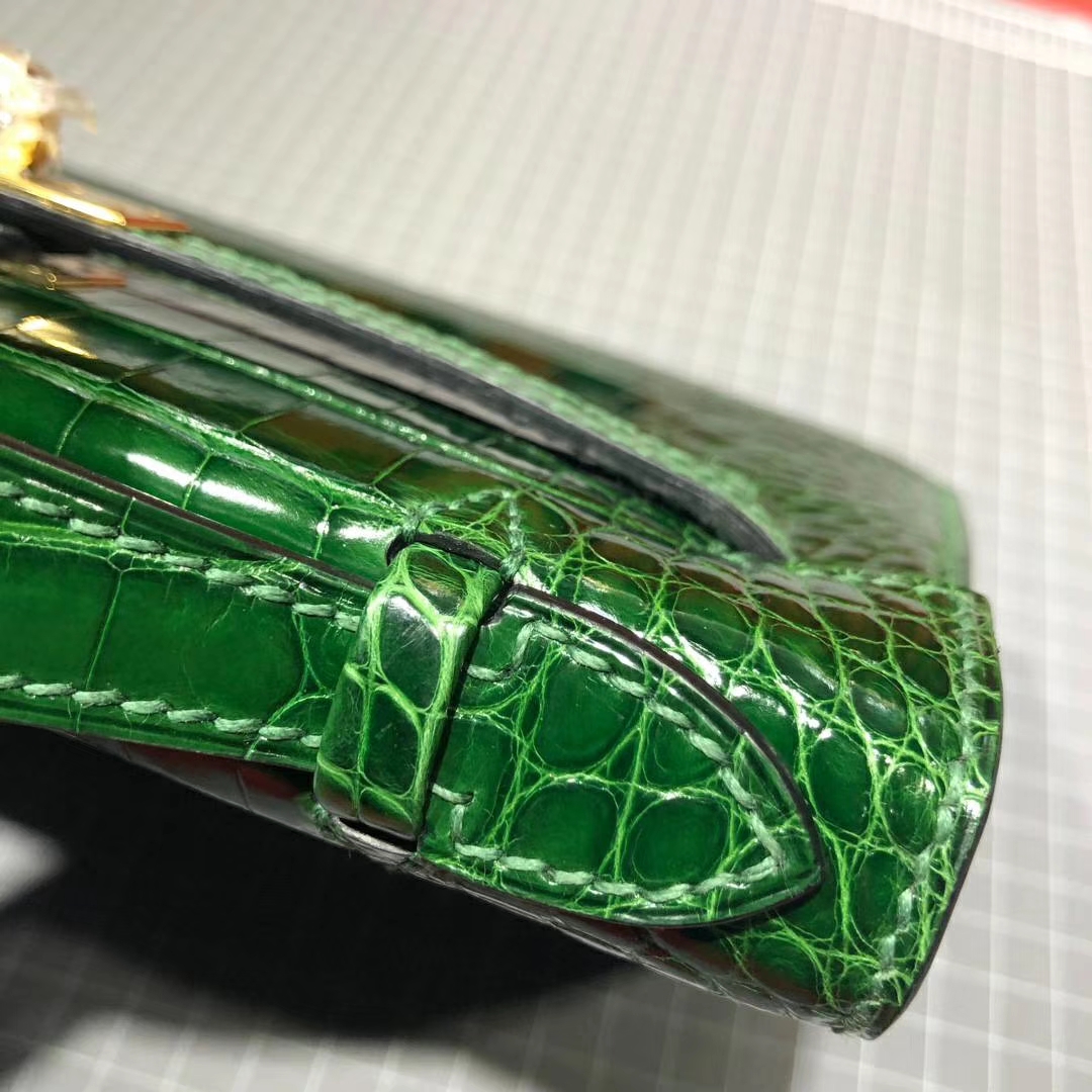 爱马仕迷你凯莉包 Hermes Minikelly22CM 祖母绿美洲鳄鱼皮手拿包 金扣