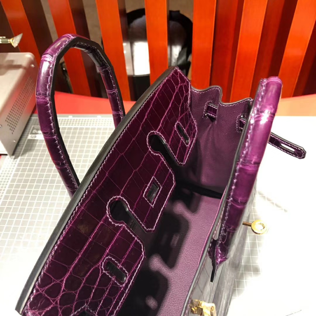 爱马仕铂金包尺寸 Hermes Birkin25CM 葡萄紫法国亮面鳄鱼皮 金扣