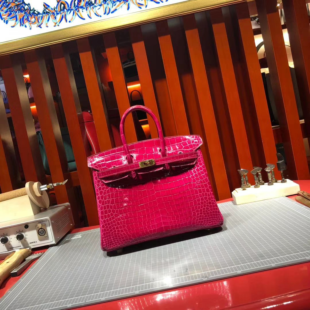 爱马仕鳄鱼皮女包 Hermes Birkin25CM 桃红紫亮面鳄鱼皮铂金包 金扣