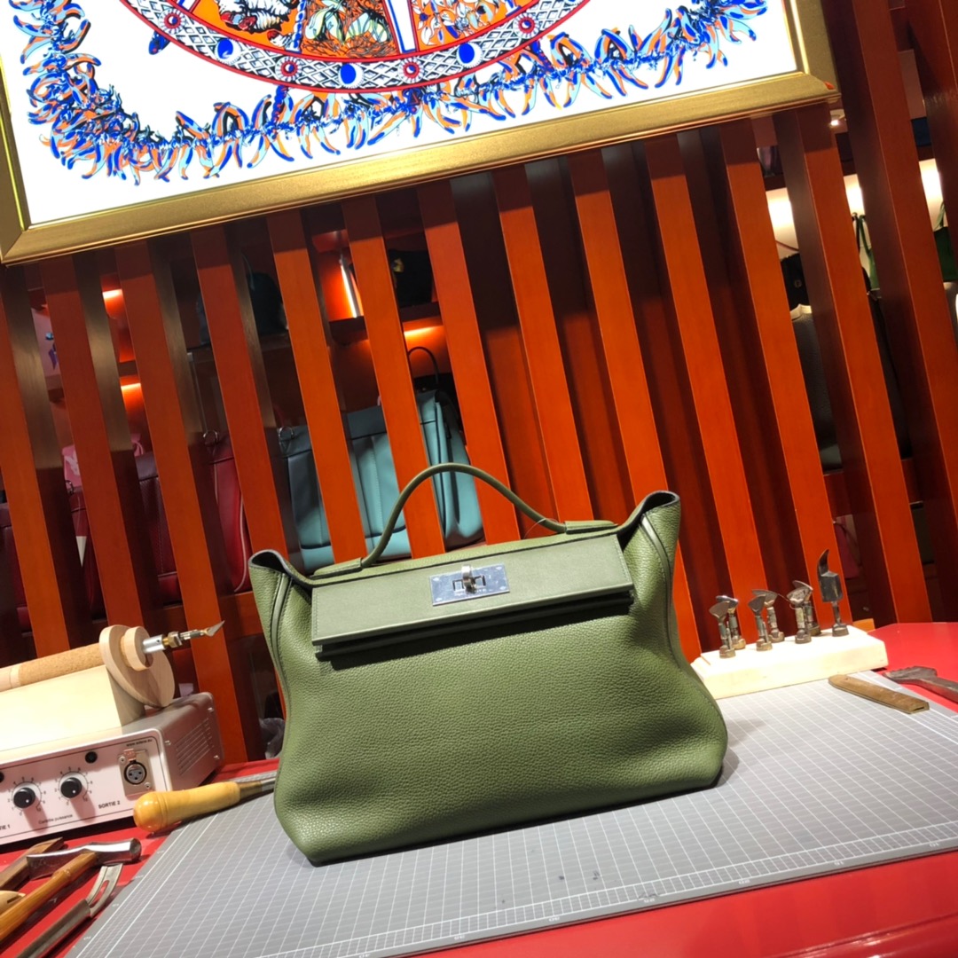 爱马仕新款凯莉包 Hermes 24-24Kelly29CM 丛林绿进口Taurillon maurice皮 银扣