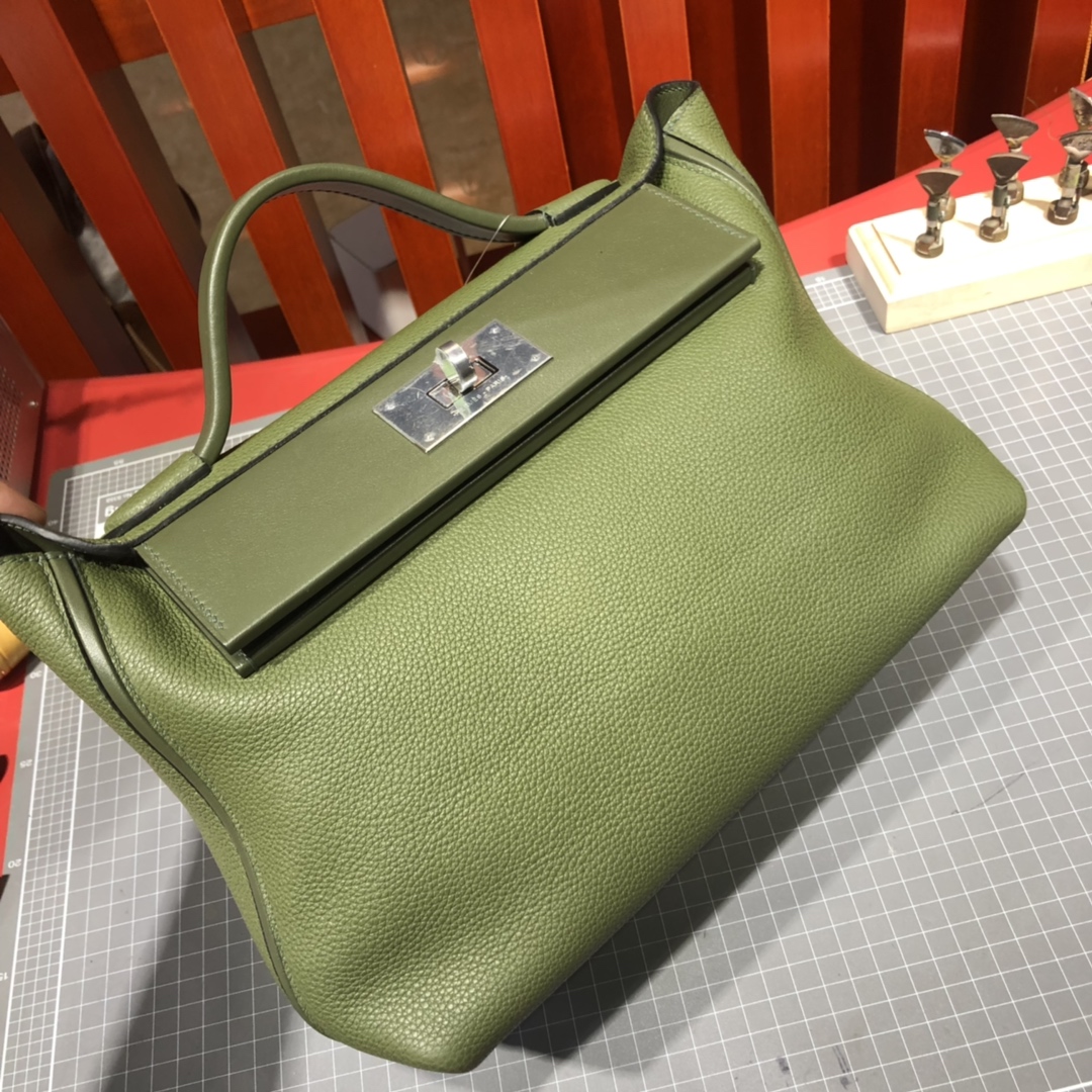 爱马仕新款凯莉包 Hermes 24-24Kelly29CM 丛林绿进口Taurillon maurice皮 银扣