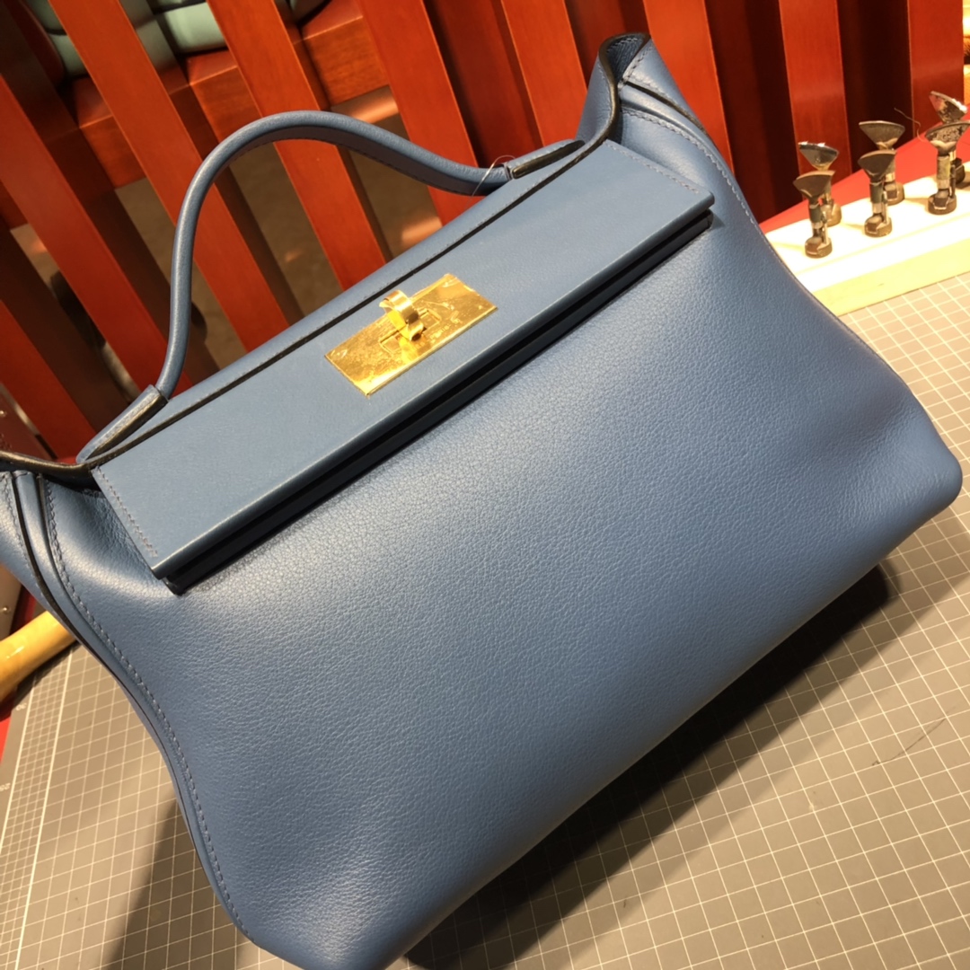 Hermes包包官网 爱马仕明亮蓝色进口Swift牛皮24-24Kelly新款凯莉包29CM 金扣