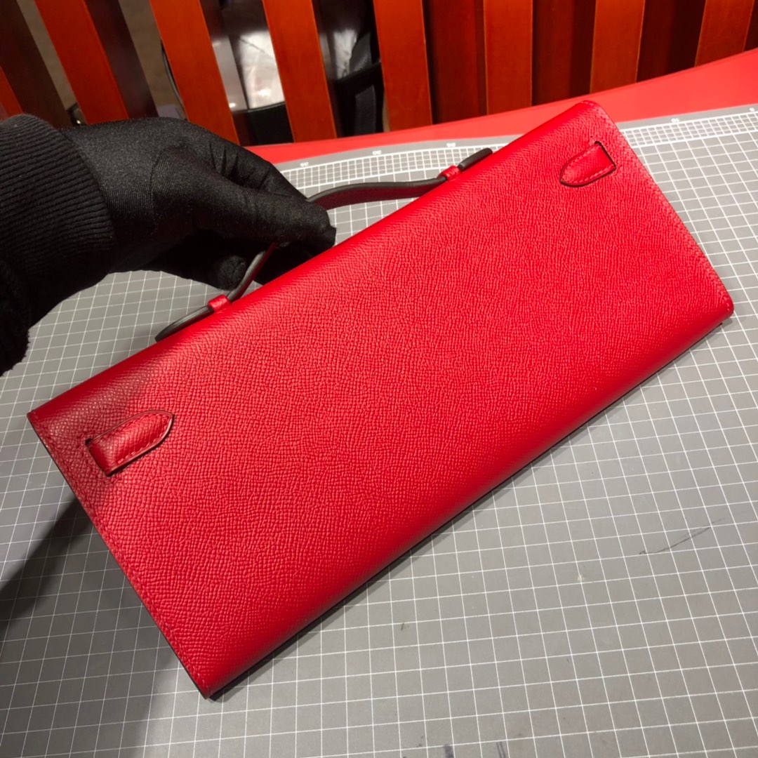 爱马仕钱包批发 Hermes Kelly Cut 大红色顶级掌纹牛皮手拿包晚宴包 金扣