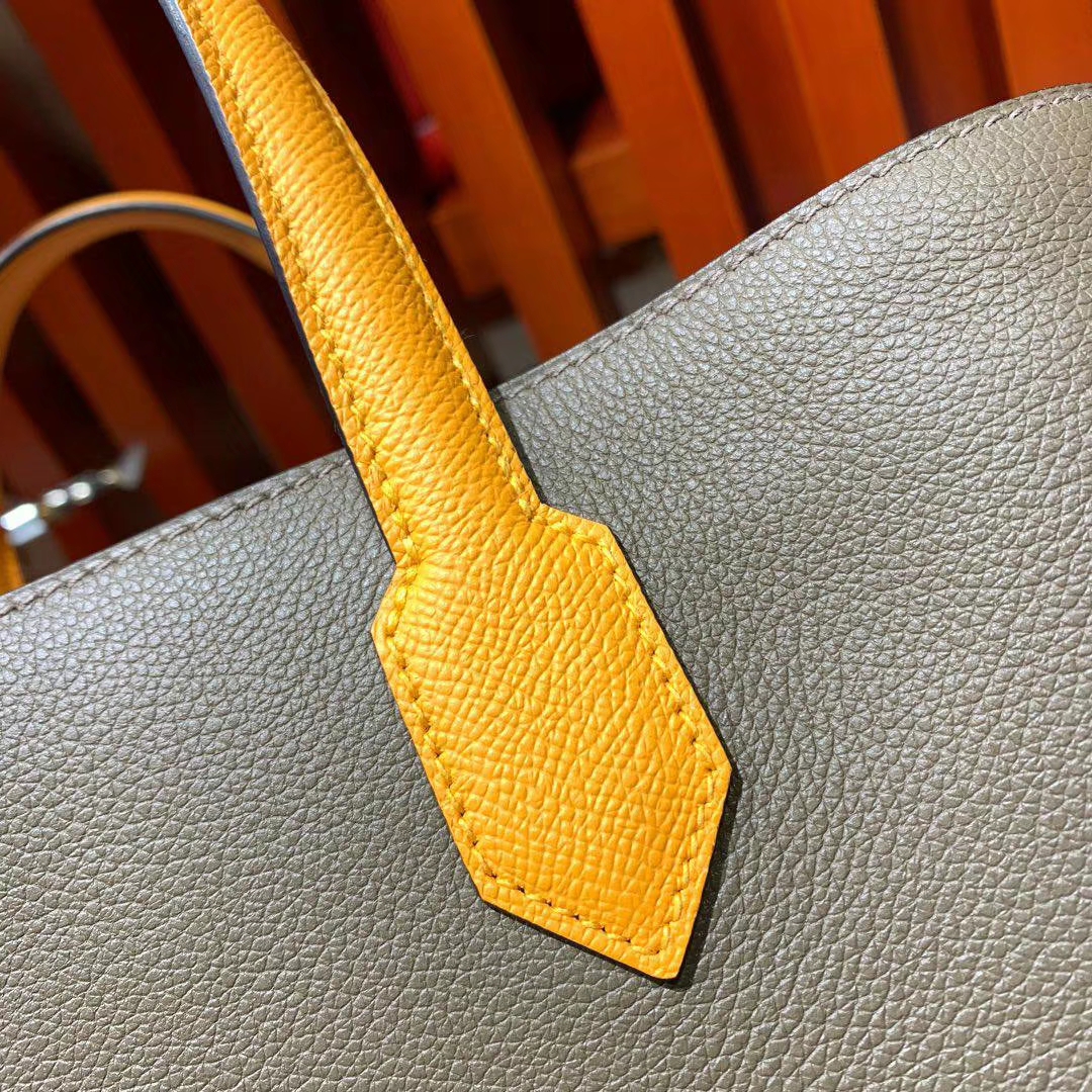 Hermes Maxibox Cabas 爱马仕8F锡器灰拼9V太阳黄手提包购物袋30CM