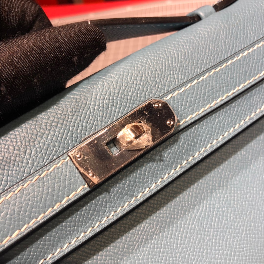 Hermes Kelly Cut 爱马仕牛仔蓝顶级Epsom牛皮女士手拿包晚宴包 银扣