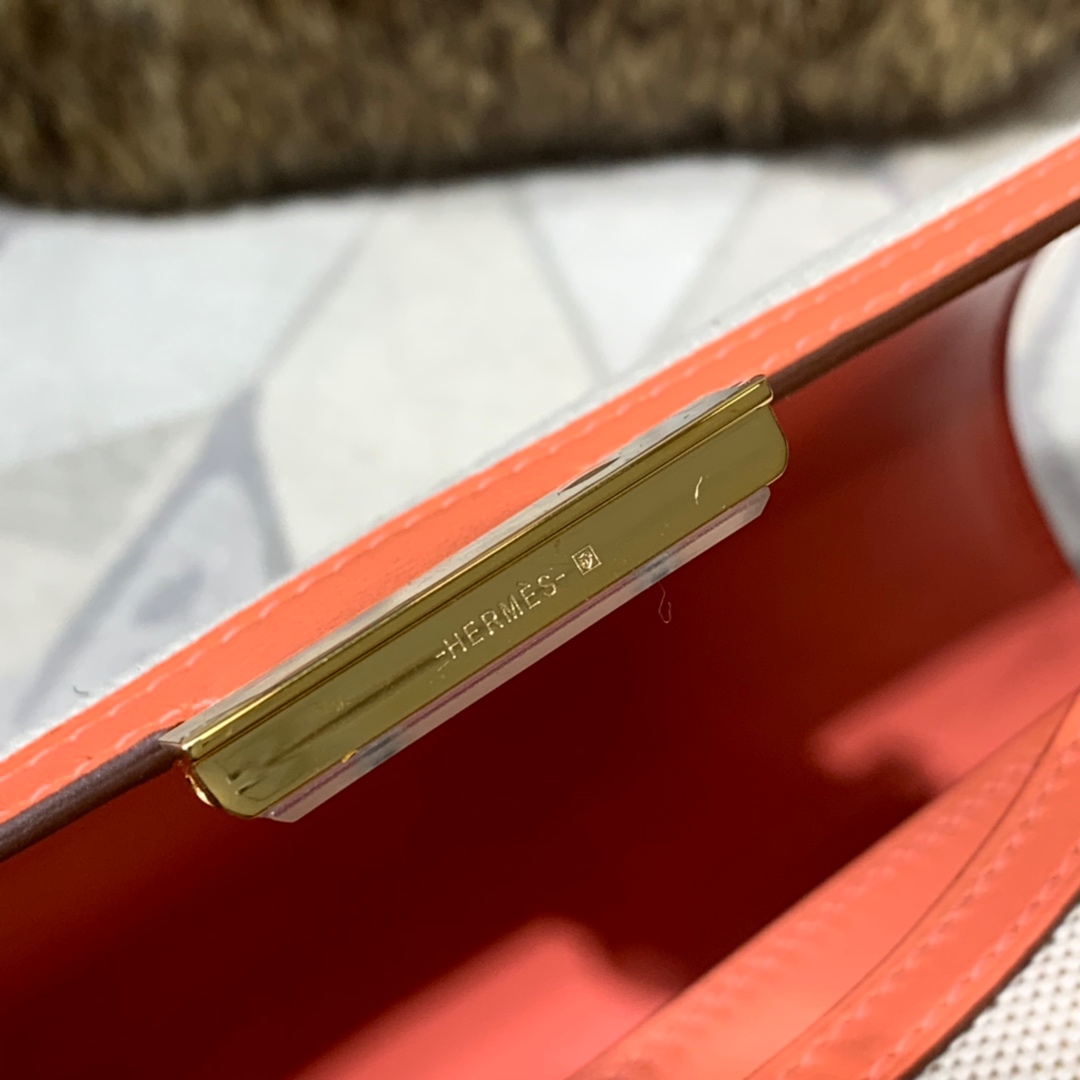 Hermes Constance19CM 爱马仕帆布拼Swift牛皮L5龙虾粉空姐包 金扣