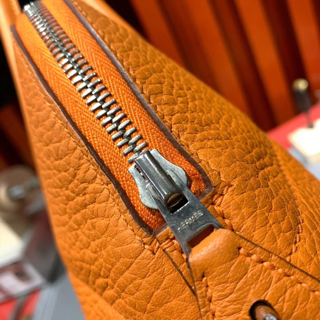 Hermes Bolide31CM 爱马仕93橙色Clemence牛皮保龄球包手提女包 银扣