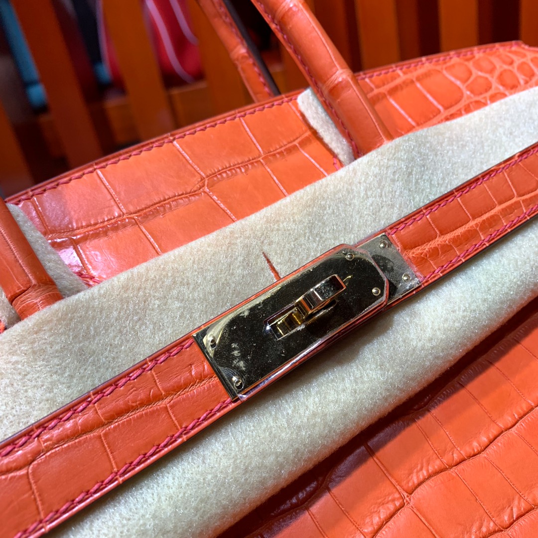 全手工缝制 Hermes爱马仕橙色雾面鳄鱼皮铂金包Birkin30CM 金扣